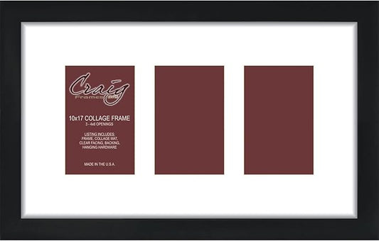 Craig Frames Contemporary, 10x17 Black Picture Frame with White Collage Mat, 3 Openings for 4x6 Prints