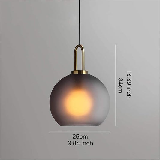 250mm Frosted Grey Spherical Glass Pendant Light, Frosted Grey Glass Globe with Brass Socket Hanging Lamp for Kitchen Island (25CM)