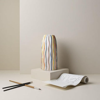 Handmade Beige Ceramic Vase with Colorful Stripes,Modern Boho Home Decor Centerpiece, Unique Holiday&Housewarming Present for Women (Style B)