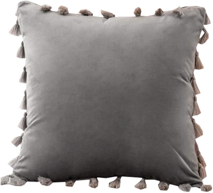 vctops Velvet Soft Solid Decorative Throw Pillow Cover with Tassels Boho Accent Cushion Case for Couch Bedroom Car Grey 18''x18''