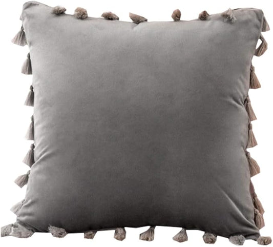 vctops Velvet Soft Solid Decorative Throw Pillow Cover with Tassels Boho Accent Cushion Case for Couch Bedroom Car Grey 18''x18''