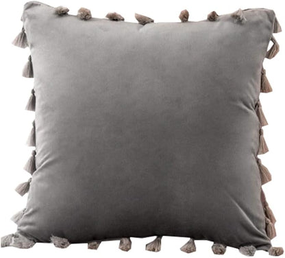 vctops Velvet Soft Solid Decorative Throw Pillow Cover with Tassels Boho Accent Cushion Case for Couch Bedroom Car Grey 20''x20''