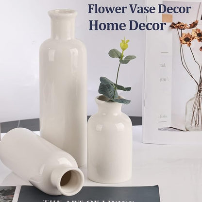 White Ceramic Vase Set - 3 White Small Vases, Farmhouse Country Flower Vase Home Decor, Living Room Decoration, Table Decoration, Fireplace Decor, and Entrance Decorations Centerpieces