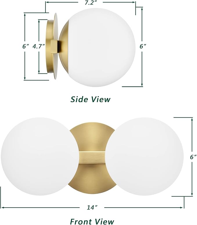 Gold Bathroom Vanity Light Fixtures, Modern 2 Lights Aged Brass Globe Wall Sconce Lighting, Porch Wall Mount Light Fixture for Bathroom, Mirror Cabinets Hallway Stairs