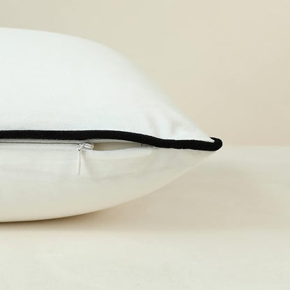 LIGICKY Set of 2 White Velvet Throw Pillow Covers Modern Minimalist Style Solid Decorative Black Rope Edging Soft Square Cushion Cases for Sofa Bedroom Party Décor, 26 x 26 inch