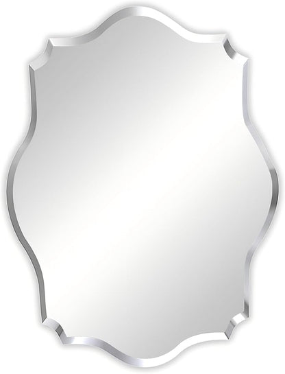 Frameless Scalloped Wall Mirror: Decorative Scallop Oval Mirrored Glass Vanity with Beveled Silver Edge for Bathroom Bedroom Livingroom Dining Room Entryway Hallway, 32 x 24 inch