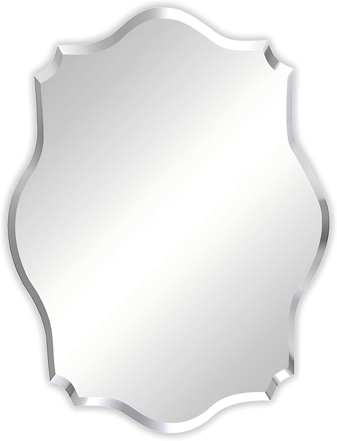 Frameless Scalloped Wall Mirror: Decorative Scallop Oval Mirrored Glass Vanity with Beveled Silver Edge for Bathroom Bedroom Livingroom Dining Room Entryway Hallway, 28 x 20 inch