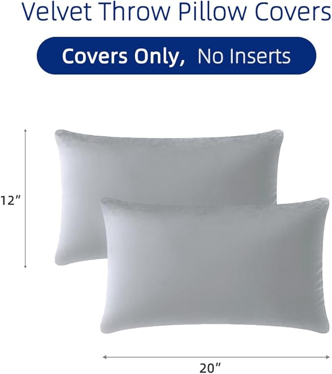 QUORGVES Light Grey Velvet Pillow Covers 12x20 Inch Set of 2, Soft Solid Decorative Lumbar Throw Pillow Covers, Decor Cushion Covers for Bed Sofa Couch Bedroom Living Room - Light Gray