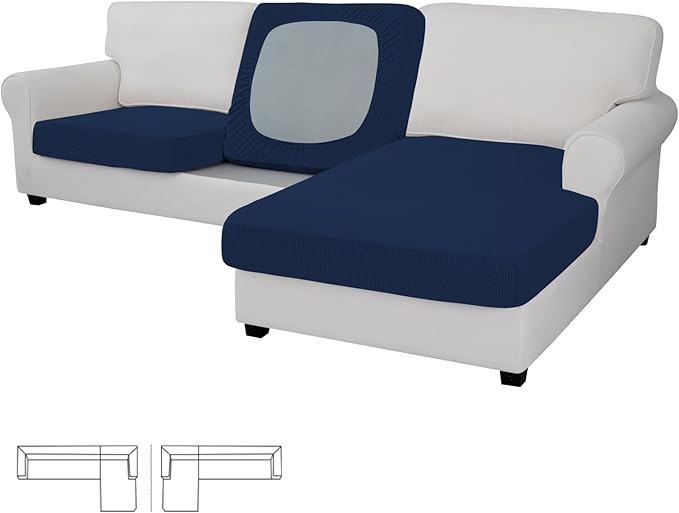 Easy-Going Stretch 3 Pieces Couch Cushion Covers for Sectional Sofa Left/Right L Shape Chaise Lounge Sofa Seat slipcover Anti-Slip Sofa Cover Soft (2 Seater + 1 Chaise, Navy)