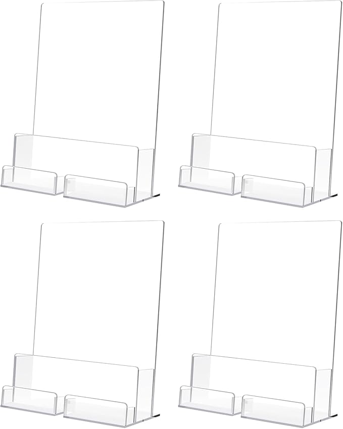 Acrylic Brochure Holder with Business Card Holder, 8.5"x 11", Clear Flyer Stands for Display, Ideal for Trade Show, Menu, Journals, Pamphlet, Magazine, Booklets, Literature (4-Pack Acrylic)