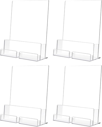 Acrylic Brochure Holder with Business Card Holder, 8.5"x 11", Clear Flyer Stands for Display, Ideal for Trade Show, Menu, Journals, Pamphlet, Magazine, Booklets, Literature (4-Pack Acrylic)