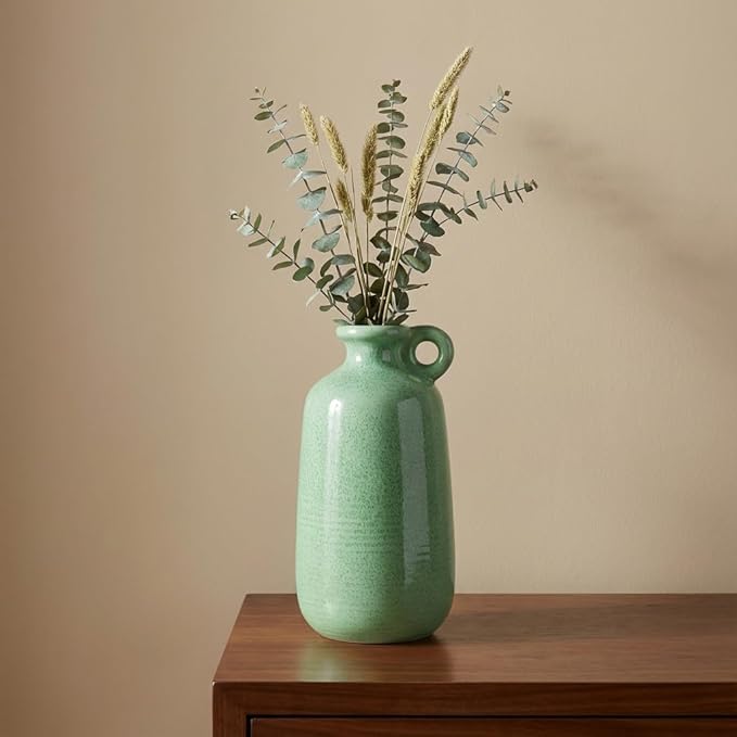 Sunddo Green Ceramic Vase 10 Inch - Modern Decorative Vase with 1 Handle, Table, Shelf Bookshelf, Mantel, Entryway Decor and Centerpieces