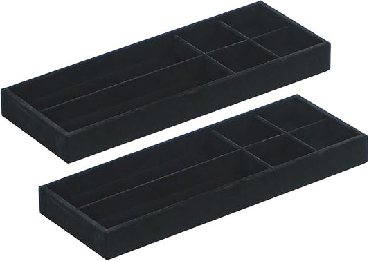 2Pcs Desk Drawer Storage Tray, Nightstand Organizer Tray, Necklace Bracelet Ring Earring Jewelry Display Tray, Grid Table Organizer Holder Tray for Sunglass, Phone, Watch, Perfume (6 grid)/Black