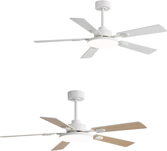52 Inch Ceiling Fans with Lights and Remote for Bedroom Living Room Kitchen Office, Indoor/Outdoor Use, 5CCT Dimmable, 5 Blades 6 Speed Reversible Quiet DC Motor, White/Wood Grain, 2 Pack