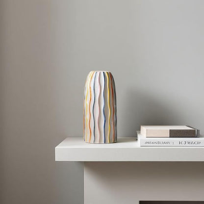 Handmade Beige Ceramic Vase with Colorful Stripes,Modern Boho Home Decor Centerpiece, Unique Holiday&Housewarming Present for Women (Style B)