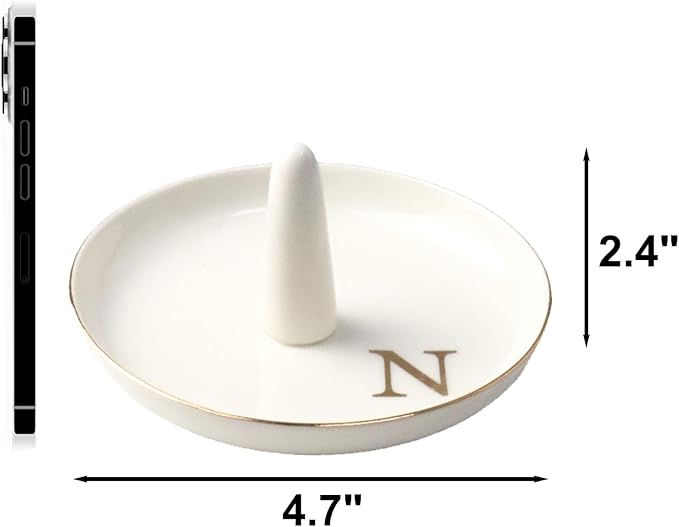 Ceramic Initials Jewelry Tray Ring Dish With Personalized N-Monogrammed Engagement Wedding Gifts, for Birthday Mother's Day for Women, Ceramic White 4.7" x2.4"
