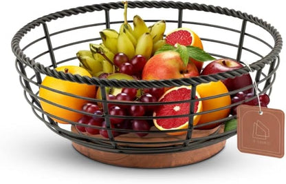 Wood and Iron Fruit Bowls Dishwasher Safe Basket Gift for Home Kitchen, Medium, Natural - 12"x12"x 5" INCHES