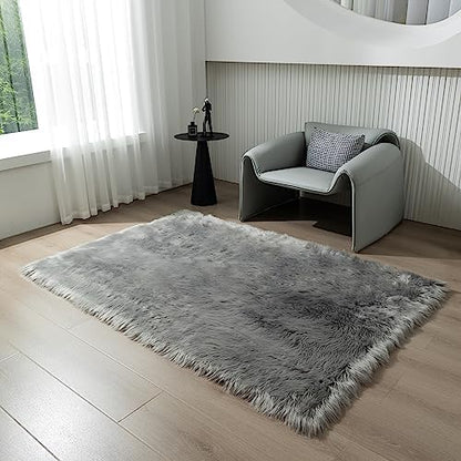 Fluffy Faux Fur Rug Gery Sheepskin Area Rug,4x6 Ft Ultra Soft Shaggy Plush Rug for Bedroom Bedside Living Room Nursery Kids Room