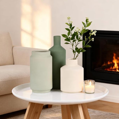 Neutral Ceramic Vase Set of 3 – Modern Decorative Vases, Small Flower Pottery Vase Sets, Boho Farmhouse Rustic Vases for Living Room, Kitchen, Bedroom, Bathroom, Shelf, Table