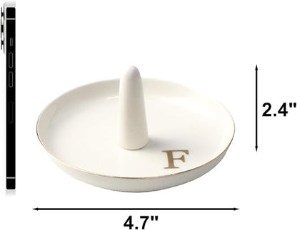Ceramic Initials Jewelry Tray Ring Dish With Personalized F-Monogrammed Engagement Wedding Gifts, for Birthday Mother's Day for Women, Ceramic White 4.7" x2.4"