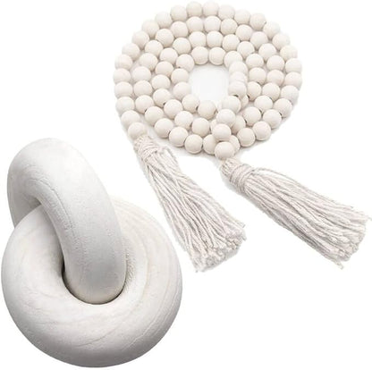 2 Pcs/Set Decorative Chain Link & Knot Decor Wood Bead Garland for Farmhouse Prayer Living Room Coffee Table Desk Shelf Decorations Hand Carved