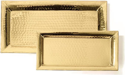 Gold Hammered Trays - 2 Pack Rectangle Platters - Large & Medium Serving Tray - Stainless Steel, Gold, Rectangular, Stackable