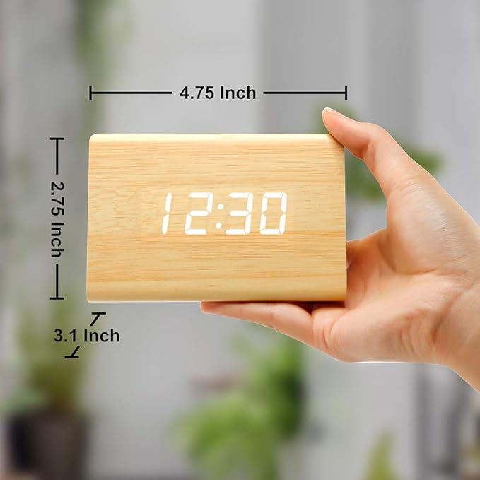 OCT17 Wooden Wood Clock, New Version LED Alarm Digital Desk Clock Adjustable Brightness, Alarm Time, Displays Time Date Temperature - Bamboo