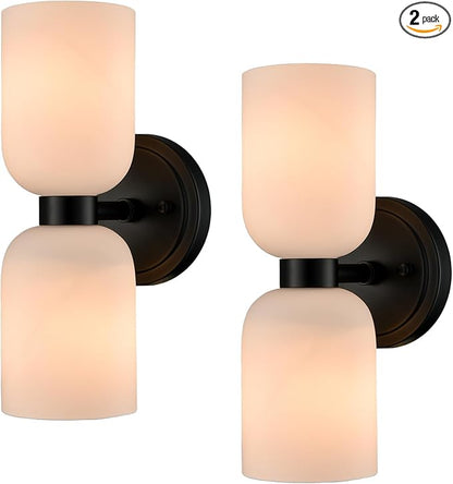 CLAXY Wall Sconces Set of 2 Modern Bath Vanity Light Fixtures Over Mirror Matte Black with Milky White Glass Shade Wall Lights for Bathroom, Bedroom, Hallway, Kitchen, Dimmable