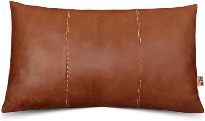 Genuine Lambskin Leather Pillow Cover, 10x18 Inch Case for Lumbar Throw Couch Pillows, Thick & Soft Cushion Covers for Sofa Bed Home Decor (Cognac Brown Plain Pack of 1)