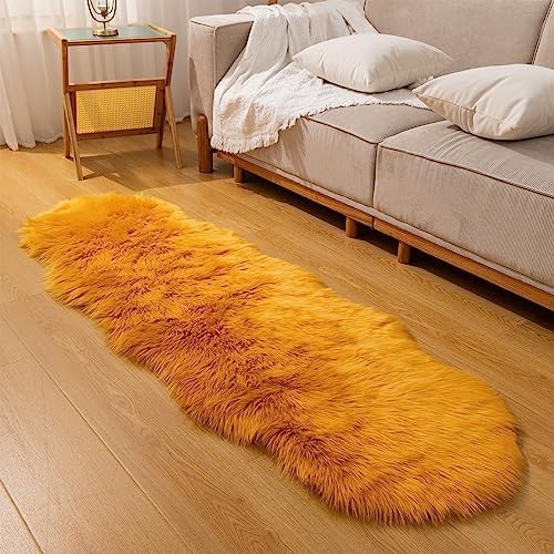 Faux Fur Rug Runner 2x6 ft Yellow - Machine Washable Super Soft Plush Shaggy Fluffy Area Carpet,Sheepskin Rug Fuzzy Floor Mat for Bedroom, Sofa,Living Room, Bedside, Nursery & Kids Room