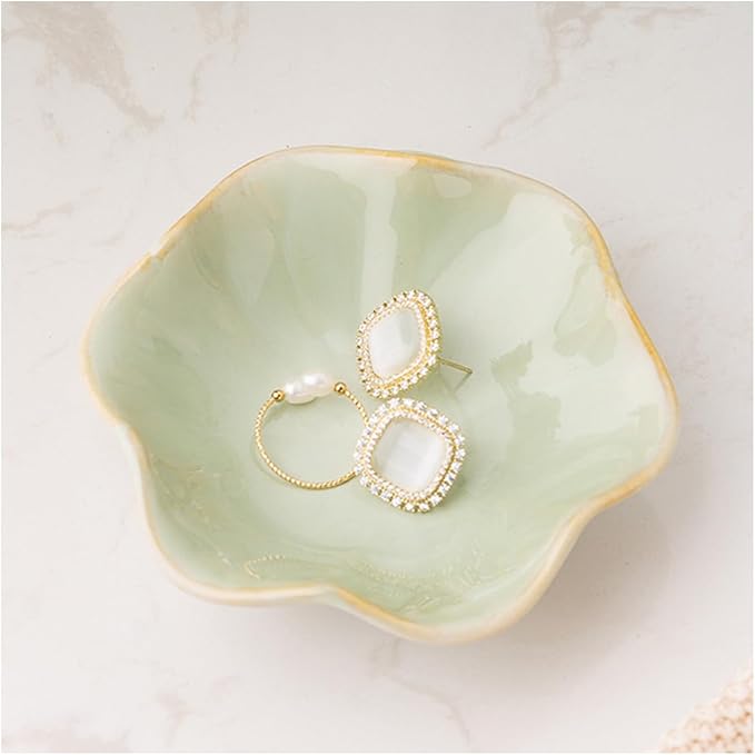 Ceramic Trinket Dish, Ring Tray, Decorative Jewelry Dish for Earrings Necklaces Watch Keys, for Women, White Green