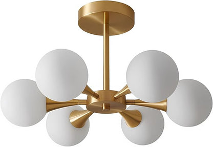 Radiya Modern Brushed Brass Gold Ceiling Light with White Spherical Milk Glass Lampshade, Semi Embedded Ceiling Light Fixture for Living Room Bedroom Dining Room LobbyFoyer Hallway (6 Lights)