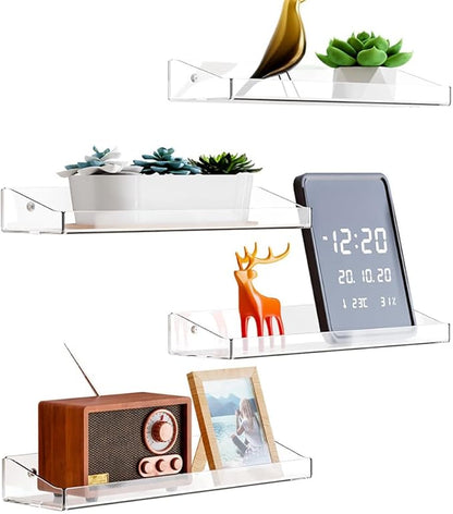 4 Pcs Acrylic Floating Shelves, 15" Wall Mounted Bookshelves Farmhouse Shelves for Display Book Photo Figures Plants, Display Shelf Organizer for Bedroom Living Kitchen Room Storage