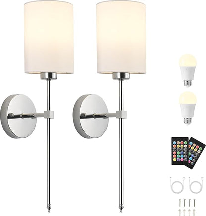 Battery Operated Wall Sconce Set of Two,Wireless Rechargeable Wall Light With Remote Control, Dimmable, 1800K/3000K/4000K/6000K/RGB, Timer, for Living Room, Bedroom, Fireplace, TV, 26.8 Inch, Chrome