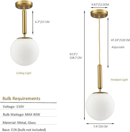 DIRYZON Mid Century Gold Pendant Lighting for Kitchen Island, Modern Hanging Pendant Light Fixture with Globe Milky White Glass for Bedroom Bathroom Entryway 7.9 Inch