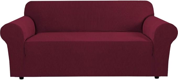 H.VERSAILTEX Stretch Sofa Covers for 3 Cushion Couch Covers Sofa Slipcovers for Living Room Feature Thick Checked Jacquard Fabric with Elastic Bottom, Sofa Large - Burgundy Red