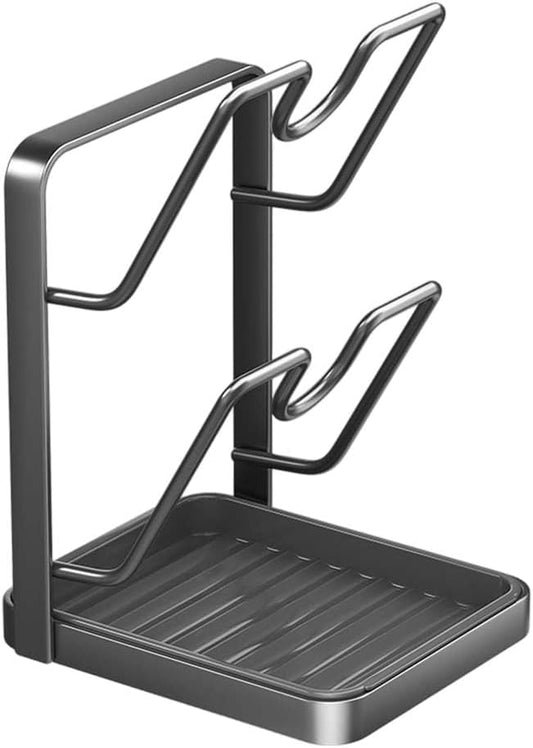 Kitchen Pot Lid Storage Rack – Thickened Steel Construction, Multifunctional Pan Lid Holder Organizer & Pot Lid Rack, Space-Saving Countertop Organizer (Black 2 Layer)