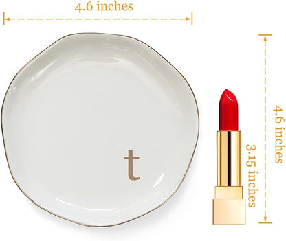 HOME SMILE Initials Ring Dish Jewery Tray with Personalized T-Monogrammed Engagement Wedding Gifts for Friends,Sister,Birthday Christmas Gifts for Women,Ceramic White