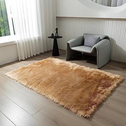 Fluffy Faux Fur Rug Brown Sheepskin Area Rug,4x6 Ft Ultra Soft Shaggy Plush Rug for Bedroom Bedside Living Room Nursery Kids Room