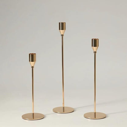 Solid Taper Candle Holders Set of 3, Champagne Gold Long Skinny Candlestick (Heights: 9/11/13 Inch), Heavy Iron Anti-Slip Base for Fireplace Mantle Table Centerpiece Christmas Decor