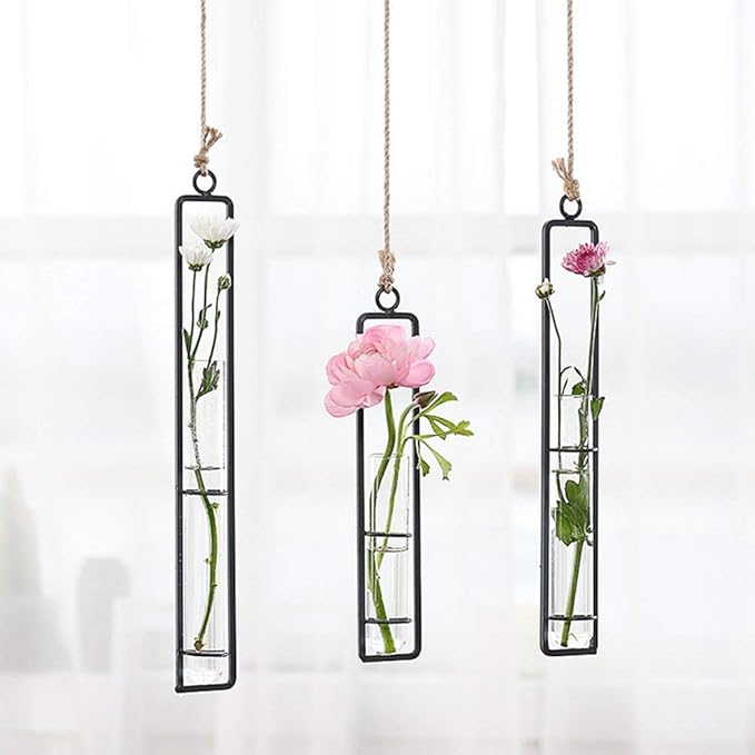Sziqiqi Glass Propagation Station Test Tube Vases Clear Glass for Cuttings, Buds, Greenery Hydroponic Plant Propagation Home Balcony Bath Wall Decoration Floral Container Set of 3 Black