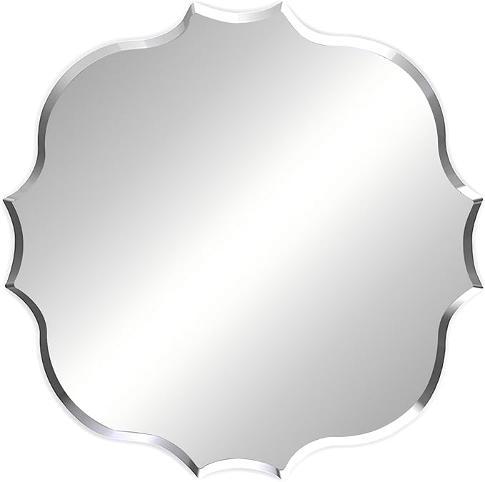 Frameless Scalloped Wall Mirror: Decorative Scallop Round Mirrored Glass Vanity with Beveled Silver Edge for Bathroom Bedroom Livingroom Dining Room Entryway Hallway, 24 x 24 inch