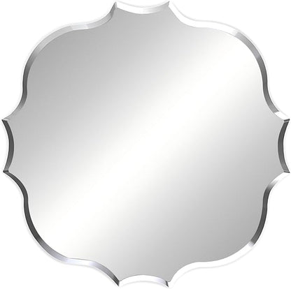 Frameless Scalloped Wall Mirror: Decorative Scallop Round Mirrored Glass Vanity with Beveled Silver Edge for Bathroom Bedroom Livingroom Dining Room Entryway Hallway, 24 x 24 inch