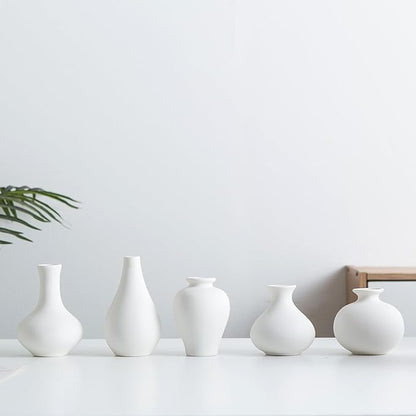 Small Ceramic Vase Set of 5, Modern White Vase, Bud Vase, Boho Decorative Vase for Fireplace, Entryway and Living Room, Centerpiece Table Decorations