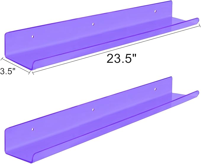 ROYALITA 24 Inches Acrylic Floating Book Shelves Wall Mounted Set of 2, Wall Hanging Plant Display Shelves, Room Decor Floating Wall Shelves for Gaming Room, Bedroom, Living Room, Office, Purple