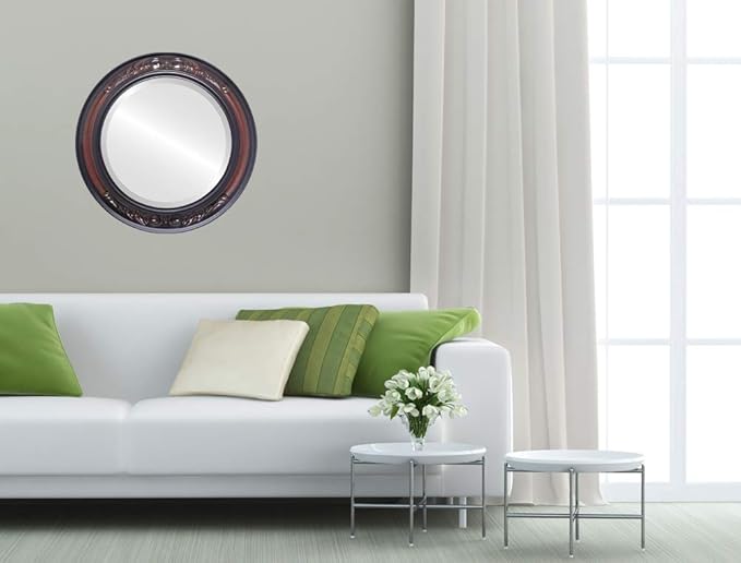 OVALCREST Round Beveled Wall Mirror for Home Decor - Florence Style - Vintage Cherry - 22x22 Outside Dimensions