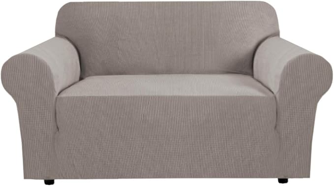 H.VERSAILTEX Stretch Couch Cover Sofa Covers for 2 Cushion Couch 1 Piece Love Seat Covers Washable with Elastic Bottom, Textured Checked Jacquard Fabric (Loveseat 58"-70" Wide, Taupe)