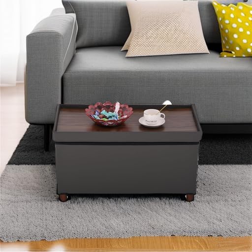 Ottoman Storage Bench for Living Room with Tray, Bedroom Foot Stool, Coffee Table Lid, End of Bed Faxu Leather 30" Inch (L-Grey)