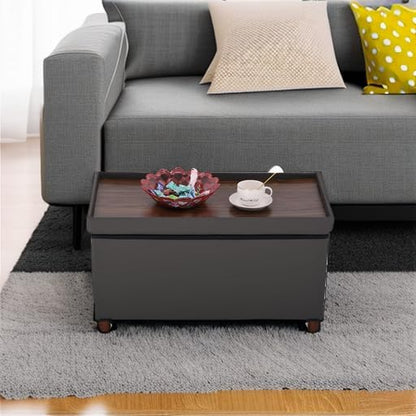 Ottoman Storage Bench for Living Room with Tray, Bedroom Foot Stool, Coffee Table Lid, End of Bed Faxu Leather 30" Inch (L-Grey)