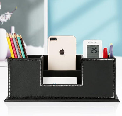 KINGFOM Office Supplies Desk Organizer PU Leather Storage Box 4 Divided Compartments for Pen Business Card Remote Control Mobile Phone Cosmetics Collection Holder (Black)